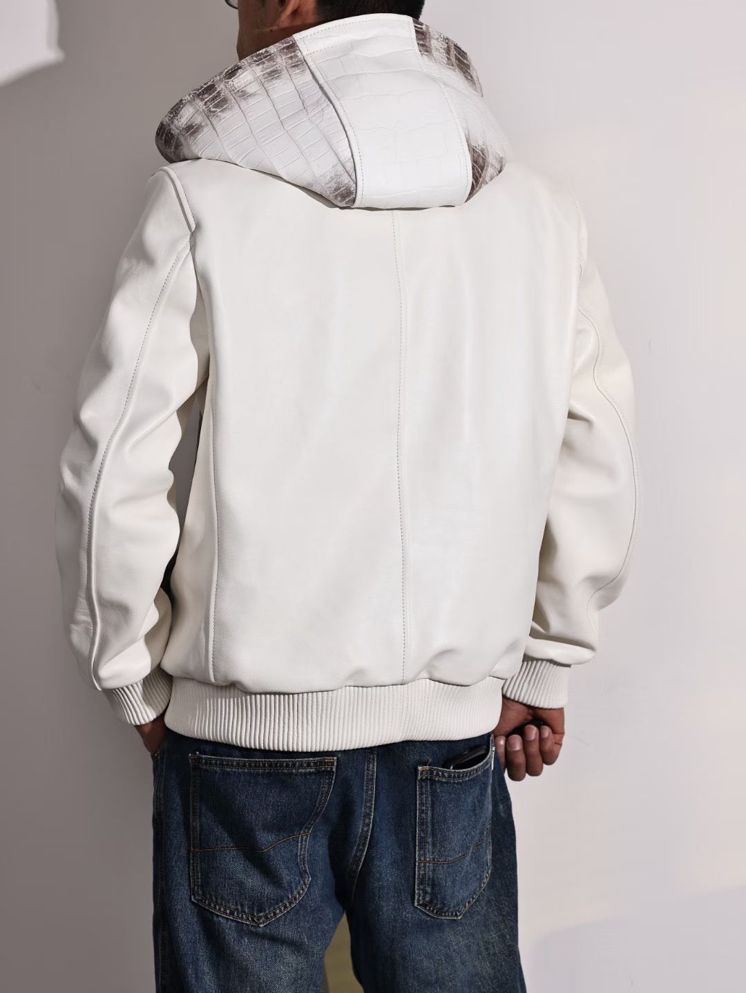 Men's Premium Himalayan Crocodile Skin Leather Hoodie Jacket , Genuine Lambskin Leather Hoodie Himalayan