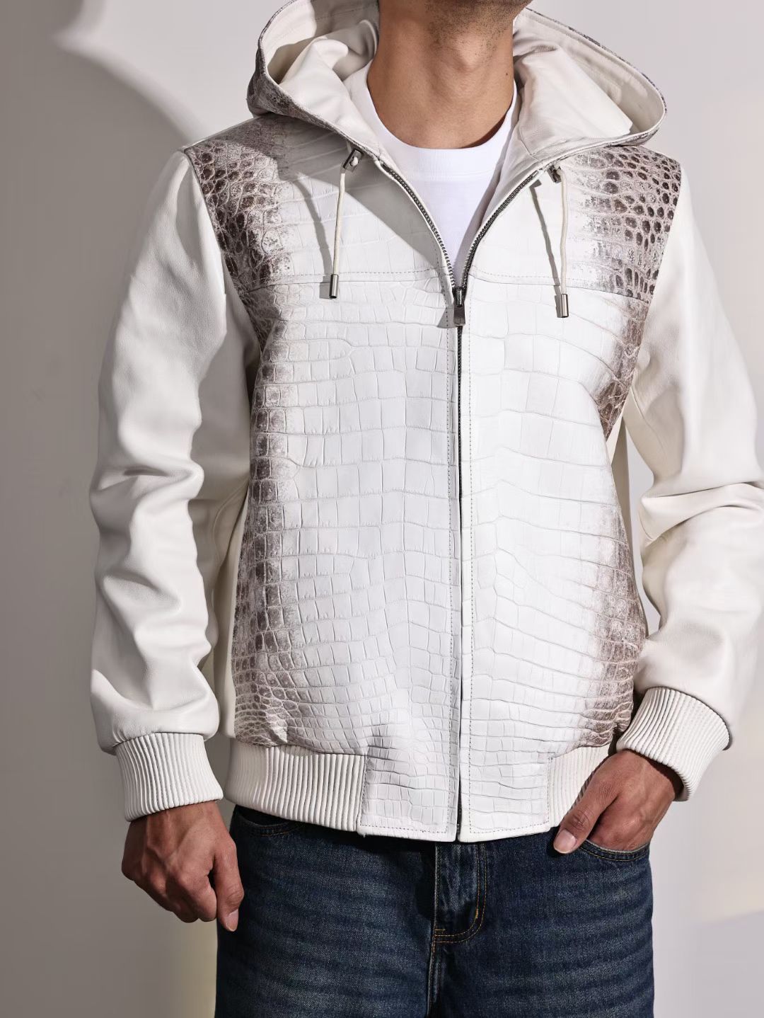 Men's Premium Himalayan Crocodile Skin Leather Hoodie Jacket , Genuine Lambskin Leather Hoodie Himalayan