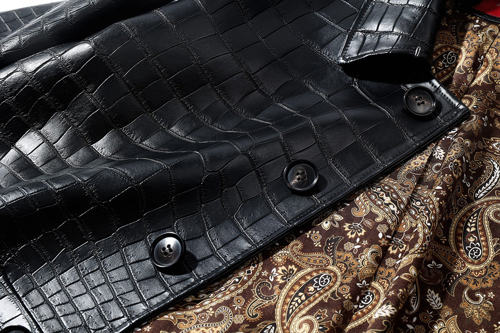 Men's Nile crocodile leather windbreaker jacket by Rossie Viren, featuring a sleek crocodile texture and modern design.