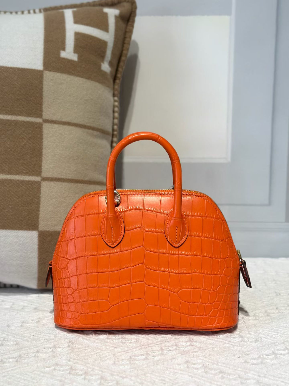 Genuine Crocodile Leather Mini Bowling Top Handle Bag Orange