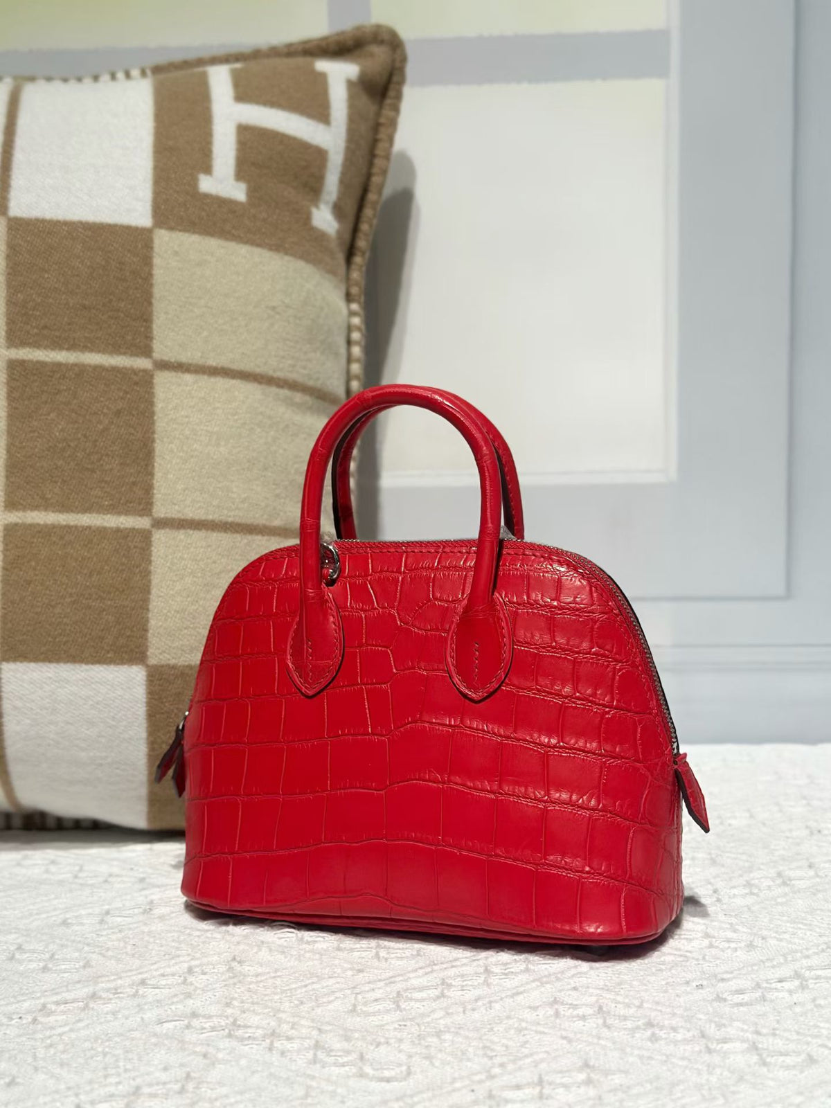 Genuine Crocodile Leather Mini Bowling Top Handle Bag Red