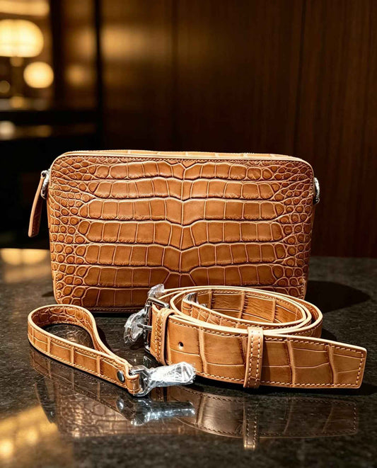 Genuine Crocodile Skin Leather Shoulder Chest Cross Body Clutch Bag  Tan