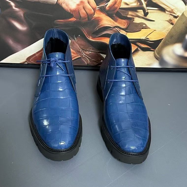 Blue genuine crocodile leather boots by Rossie Viren, stylish shoes with textured crocodile pattern and classic design.