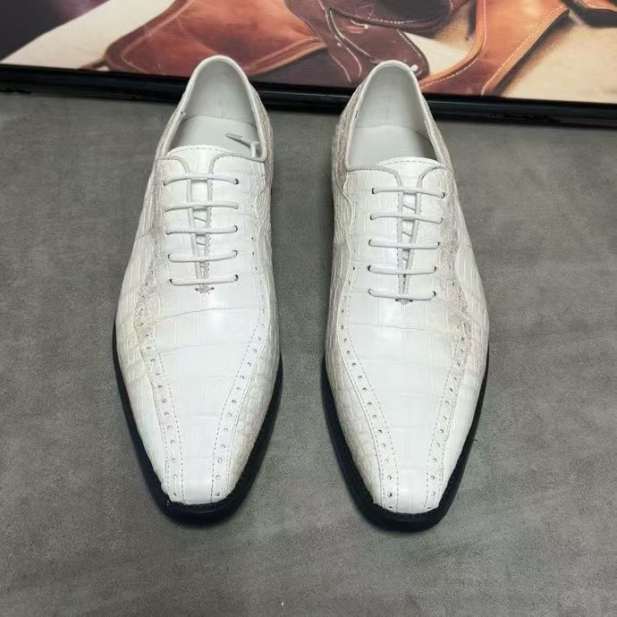 Crocodile Shoes, Men's Himalaya White Crocodile Leather Lace Up Business Dress Shoes