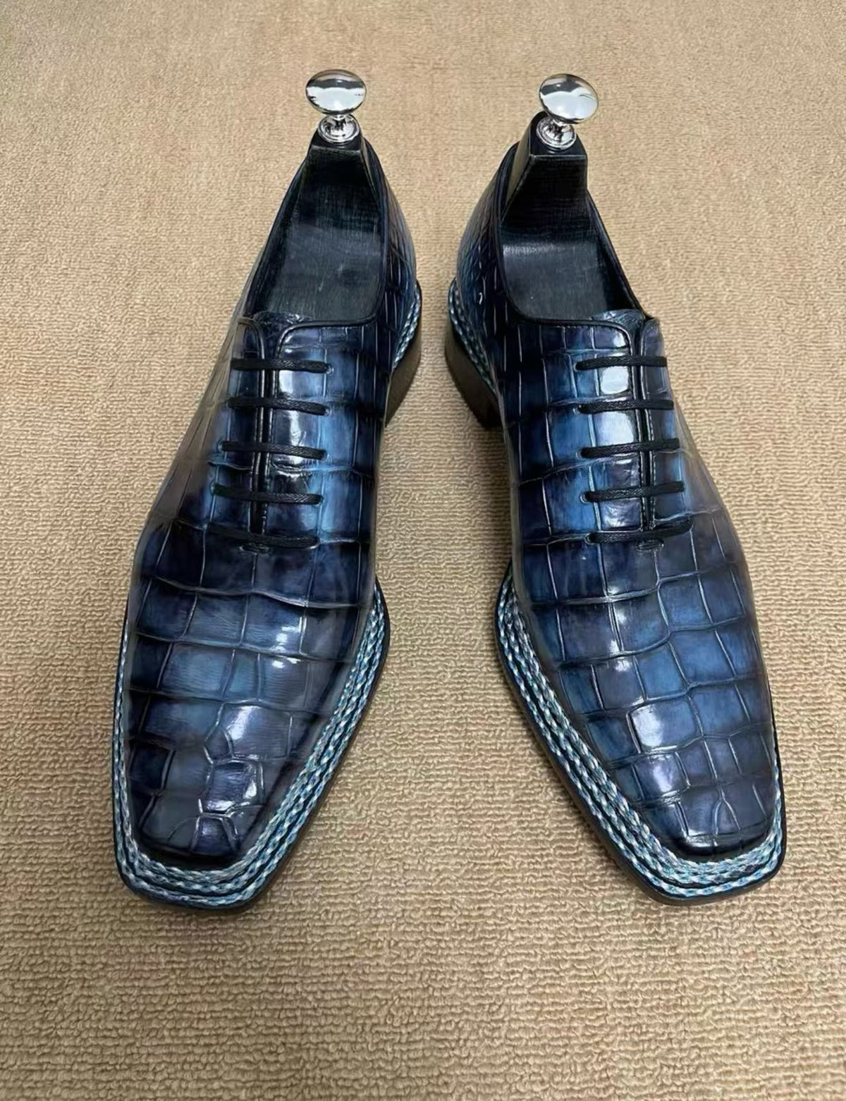 Crocodile Shoes, Men's Crocodile Leather Lace-Up Business Shoes Vintage Blue