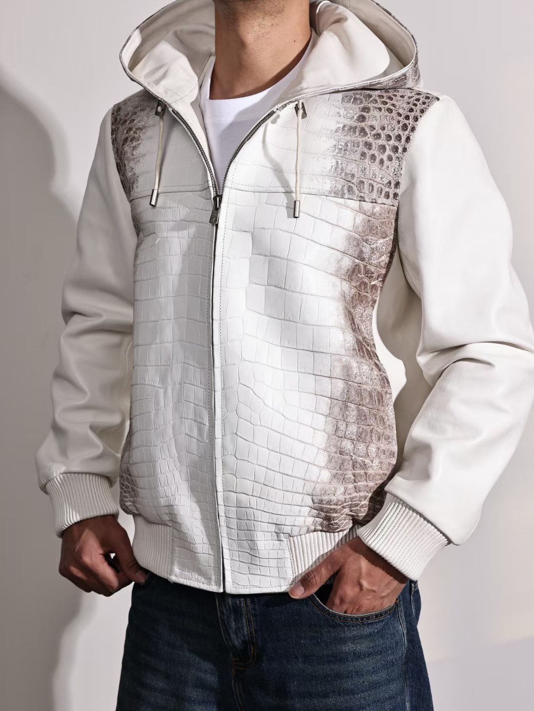 Men's Premium Himalayan Crocodile Skin Leather Hoodie Jacket , Genuine Lambskin Leather Hoodie Himalayan