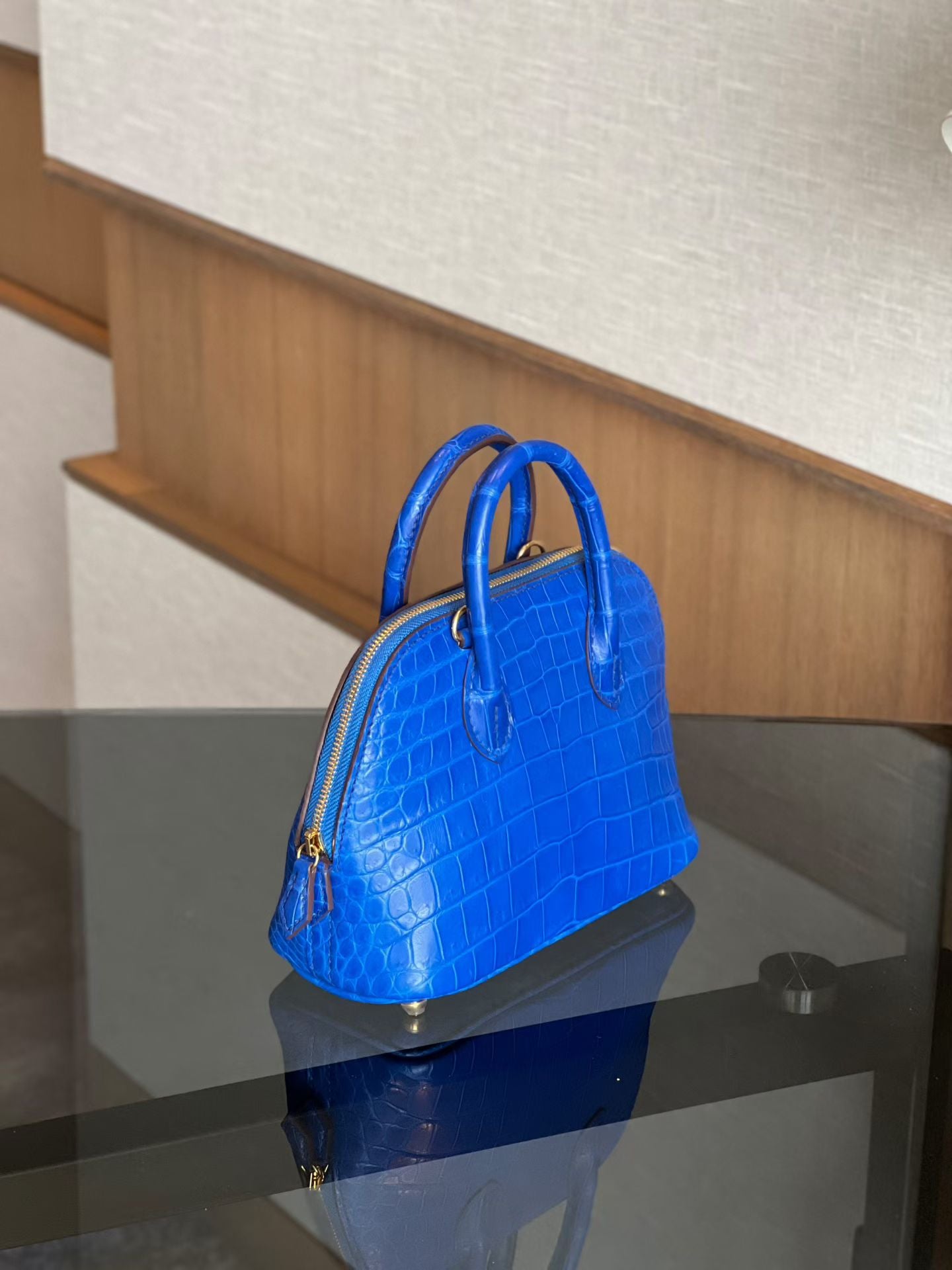 Womens Genuine Crocodile Skin Leather Cross Body Handle Bag Mini Blue