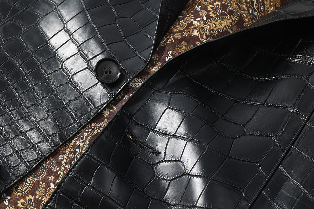 Men's crocodile leather blazer jacket by Rossie Viren, featuring a sleek, textured crocodile pattern and tailored fit.