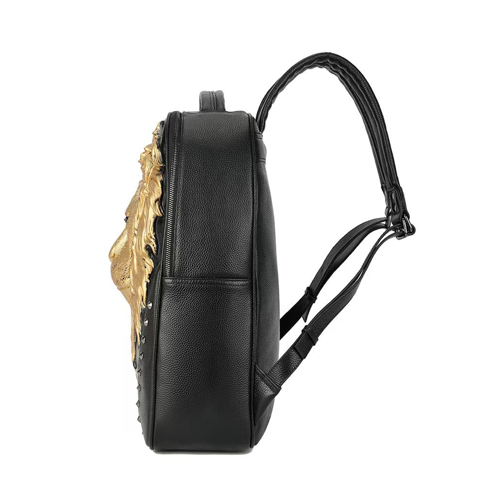 Rossie Viren 3D leather backpack with lion head design, outdoor travel and computer storage, large capacity, detailed 3D lion modeling.
