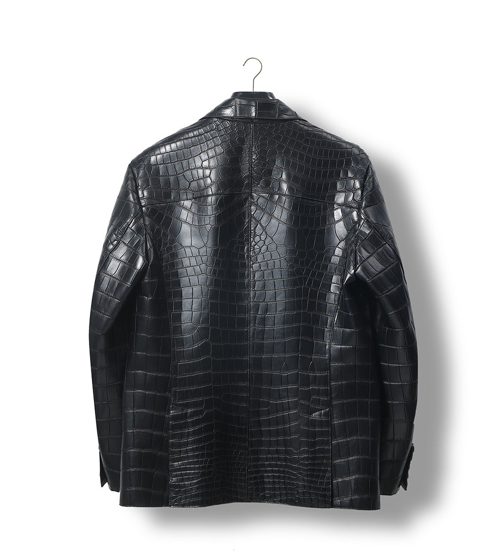 Men's crocodile leather blazer jacket by Rossie Viren, featuring a sleek design and textured crocodile pattern.