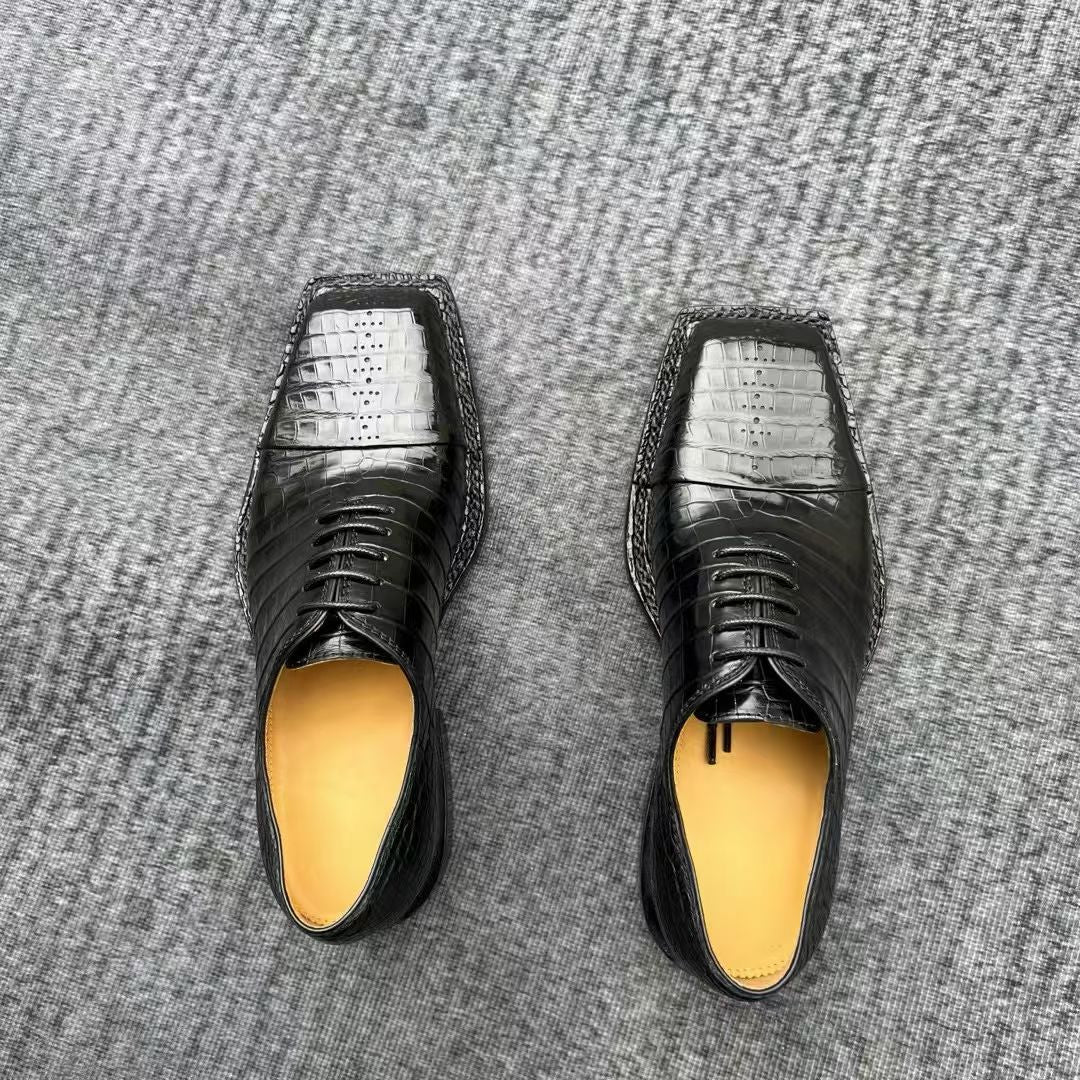 Genuine Crocodile Leather  Square-Toe Classic Lace -Up Dress Shoes Black