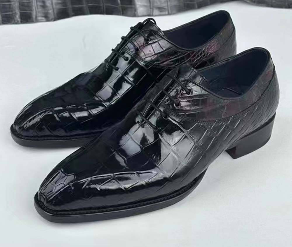 Rossie Viren men's vintage wine red crocodile leather dress shoes with lace-up design, stylish and elegant business footwear