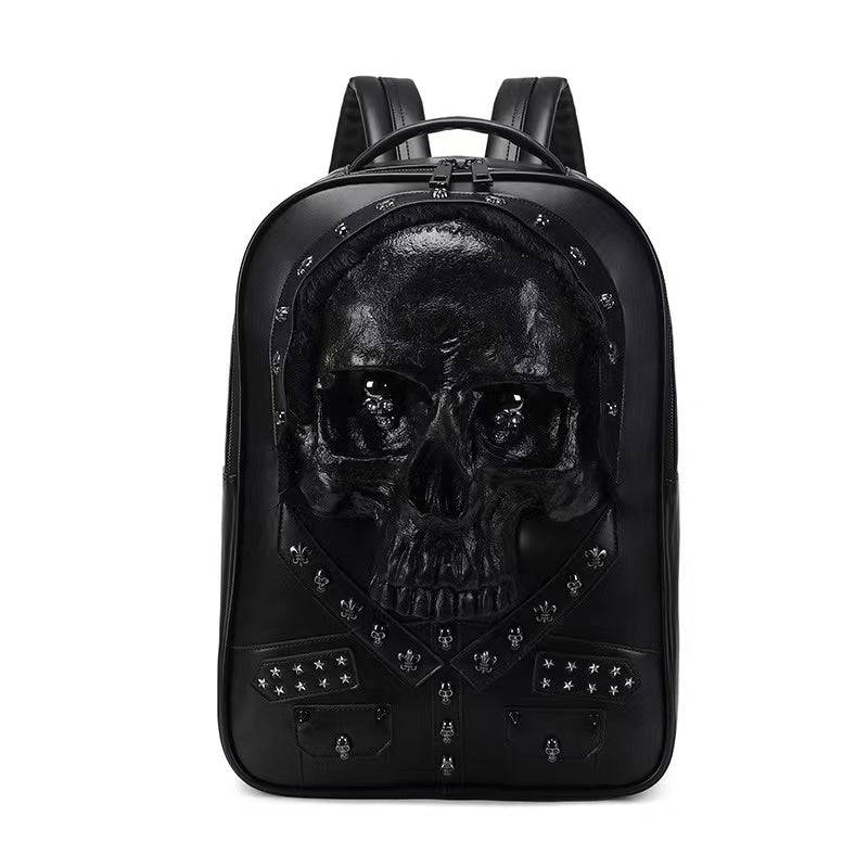 Rossie Viren 3D Skull backpack with studded details and faux hair, large messenger bag for laptops, featuring a bold skull design.