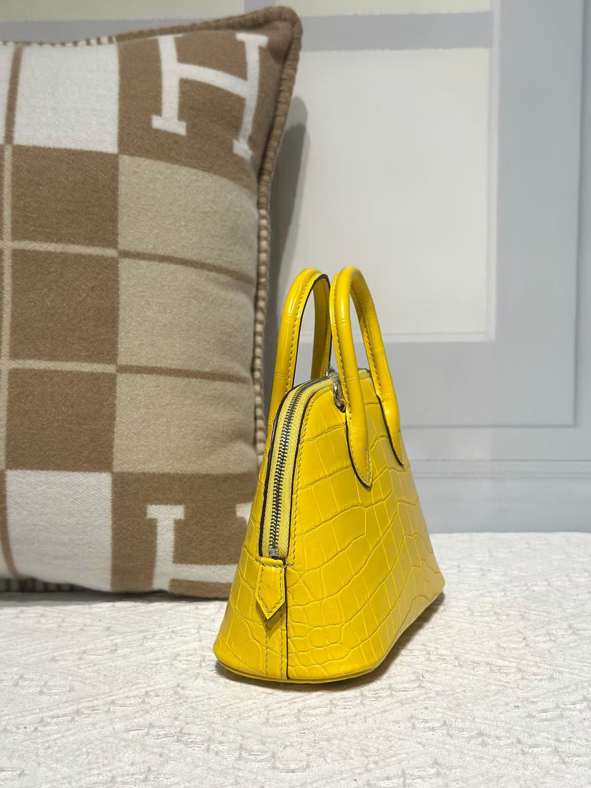Genuine Crocodile Leather Mini Bowling Top Handle Bag Yellow