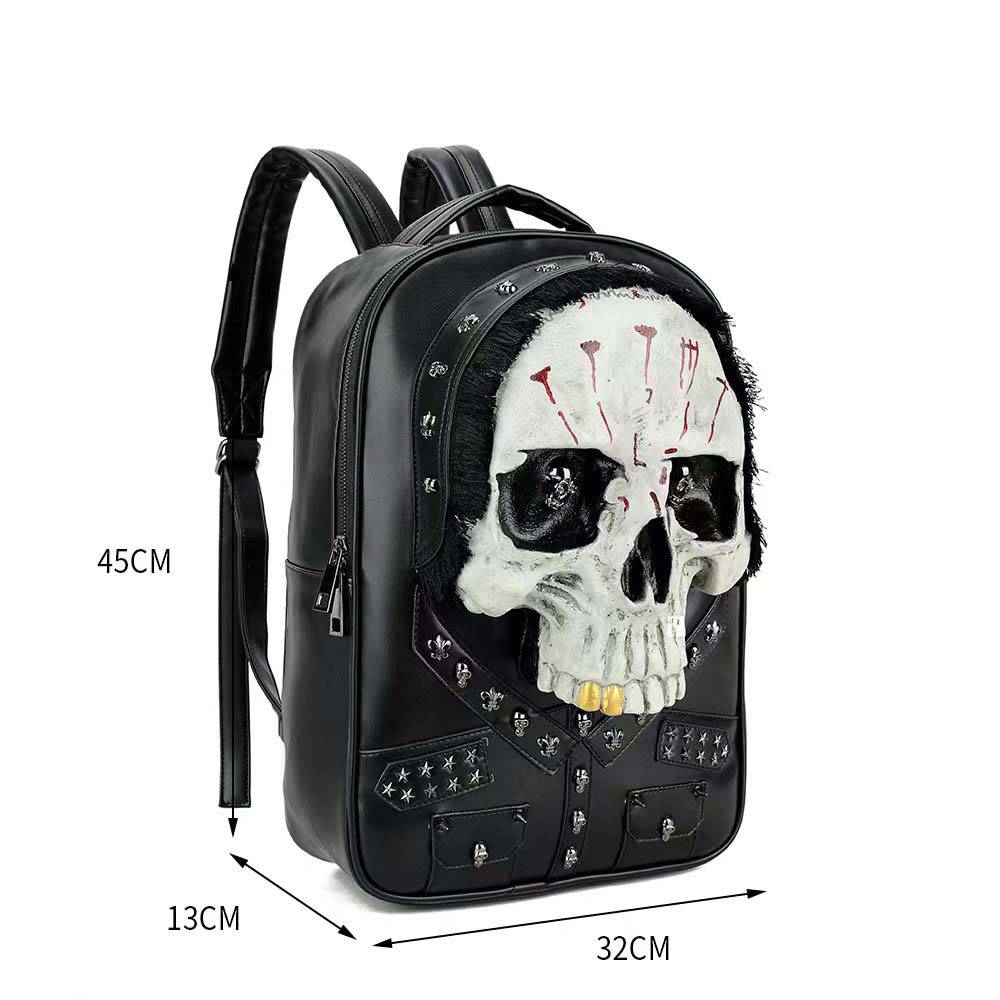 Rossie Viren 3D Skull Backpack with studded details and hair, large messenger bag suitable for laptops, edgy and stylish design.
