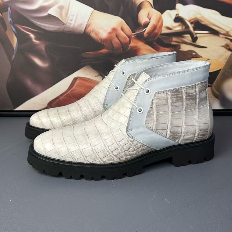 Genuine crocodile leather boots by Rossie Viren, Himalayan-style crocodile shoes with detailed textured leather.