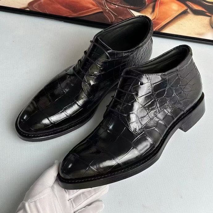 Black genuine crocodile leather boots by Rossie Viren, stylish shoes featuring textured crocodile pattern and sleek design.
