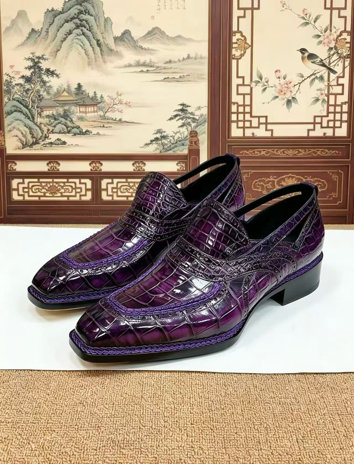 Crocodile Shoes, Crocodile Leather Norwegian Sewn Dress Loafer Shoes Vintage Purple
