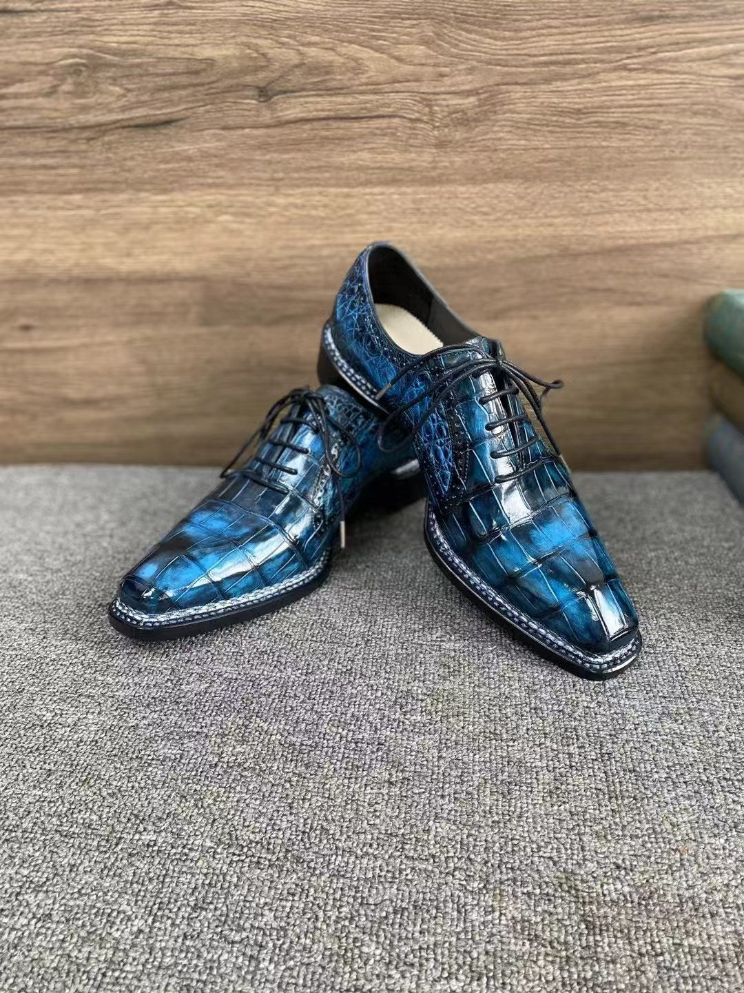 Crocodile Shoes, Men's Vintage Blue Norwegian Sewn Lace Up Shoes