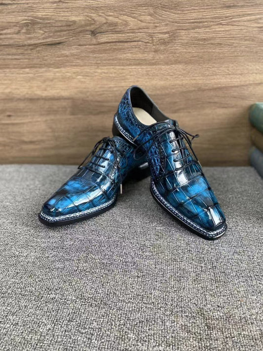 Crocodile Shoes, Men's Vintage Blue Norwegian Sewn Lace Up Shoes