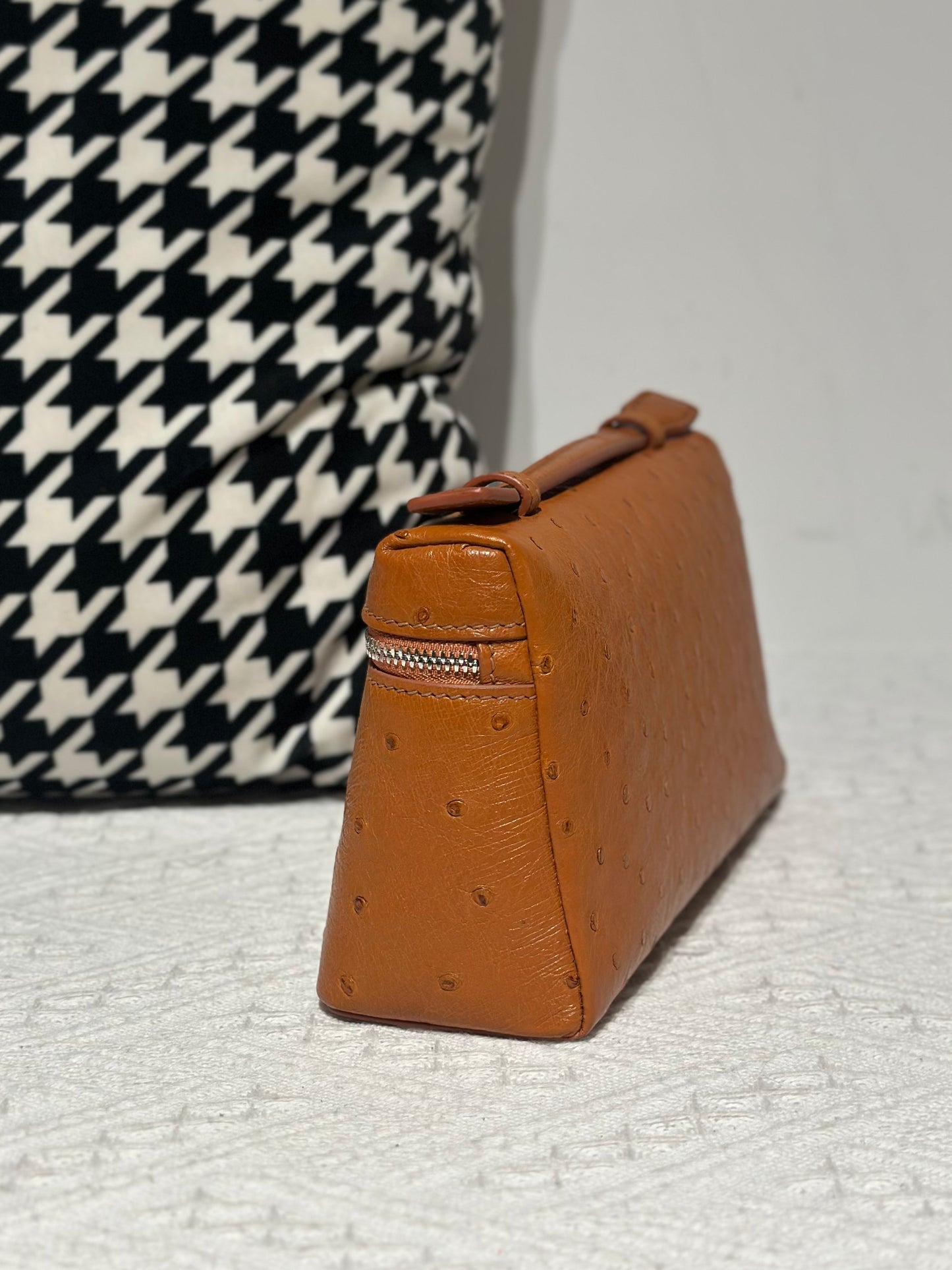 Genuine Ostrich Skin Leather Zipper Cosmetic Handle Bag