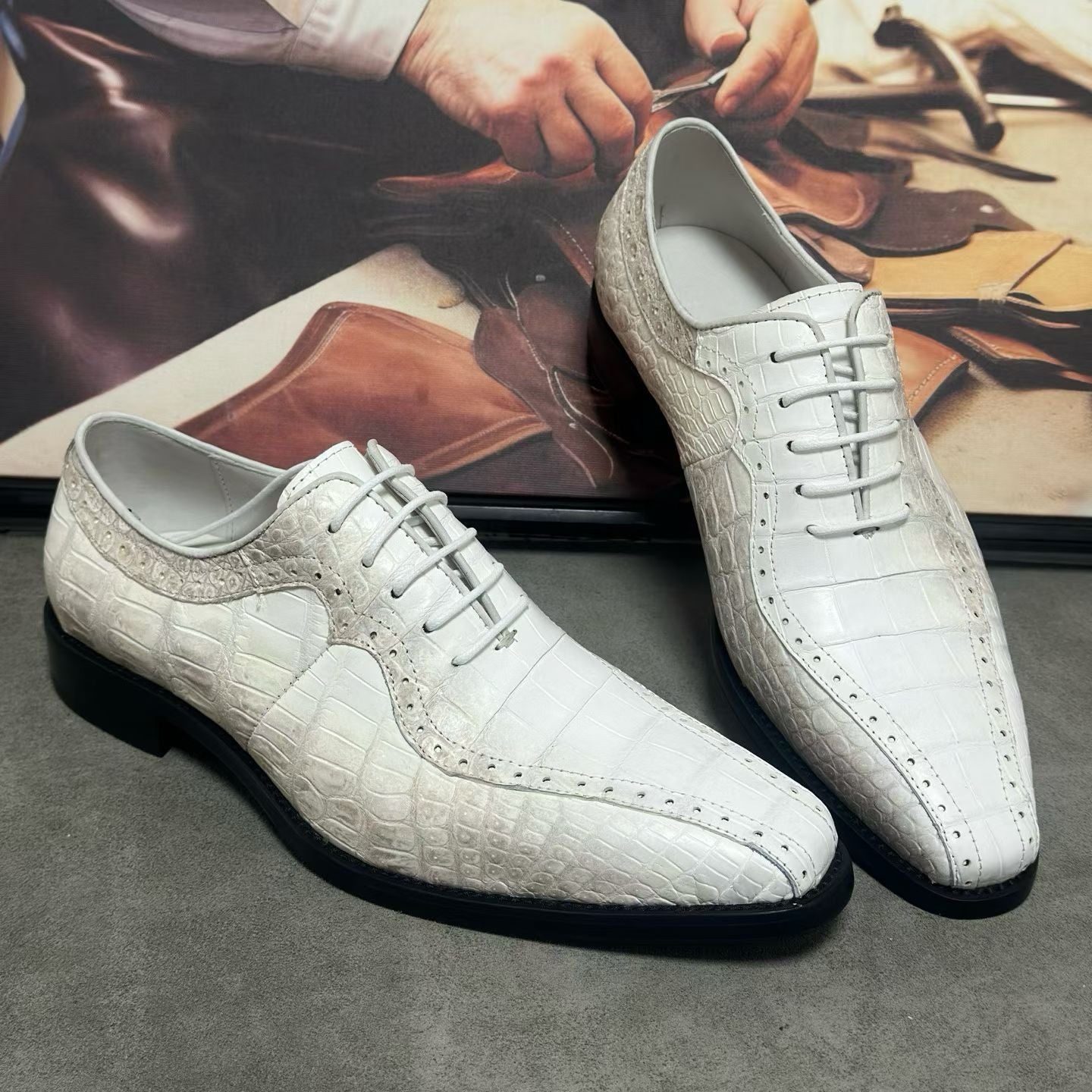 Crocodile Shoes, Men's Himalaya White Crocodile Leather Lace Up Business Dress Shoes