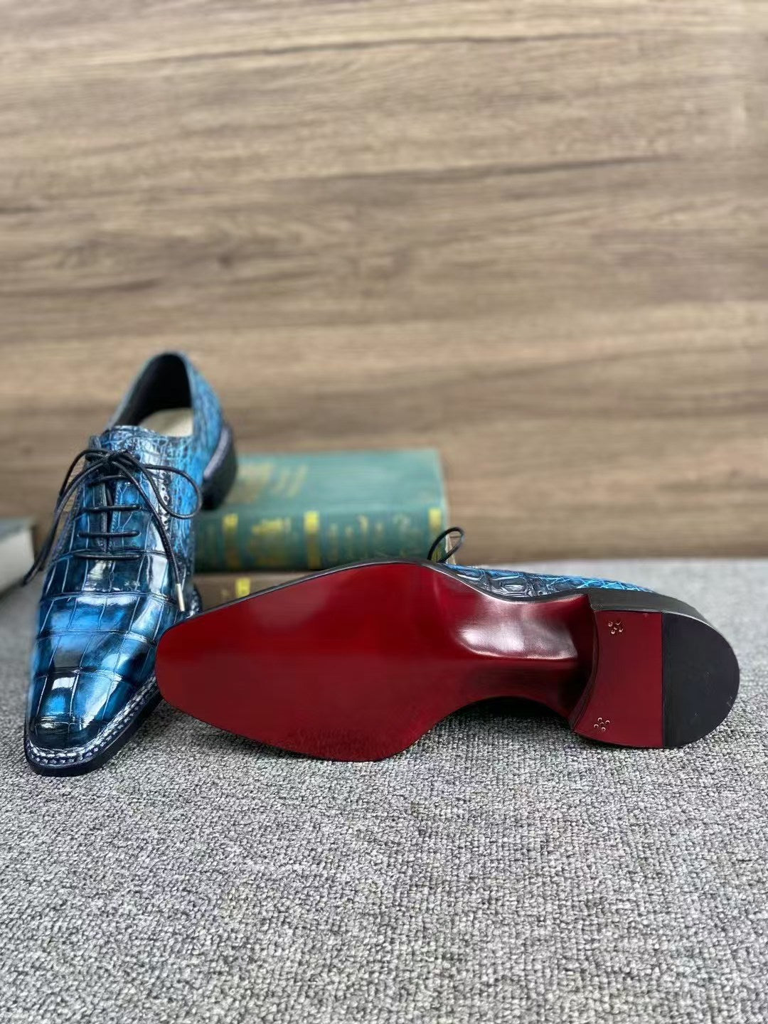 Crocodile Shoes, Men's Vintage Blue Norwegian Sewn Lace Up Shoes