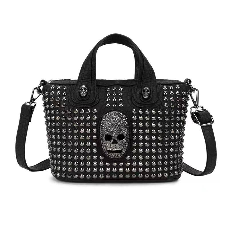 Rossie Viren 3D Crystal Skull shoulder bag with studded tote design, featuring a unique skull motif and textured embellishments.