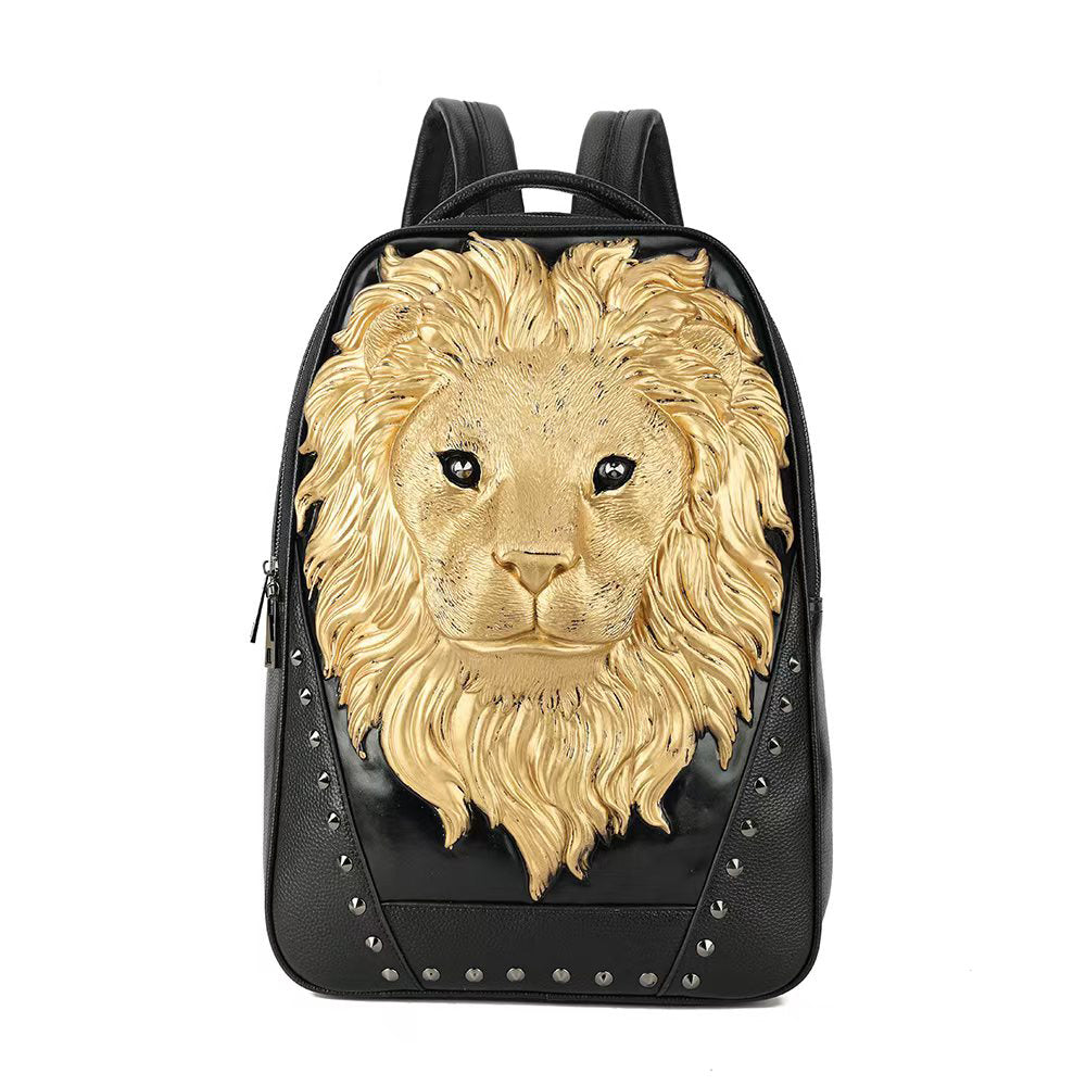 Rossie Viren 3D leather backpack with lion head design, outdoor travel bag, large size, featuring computer compartments.