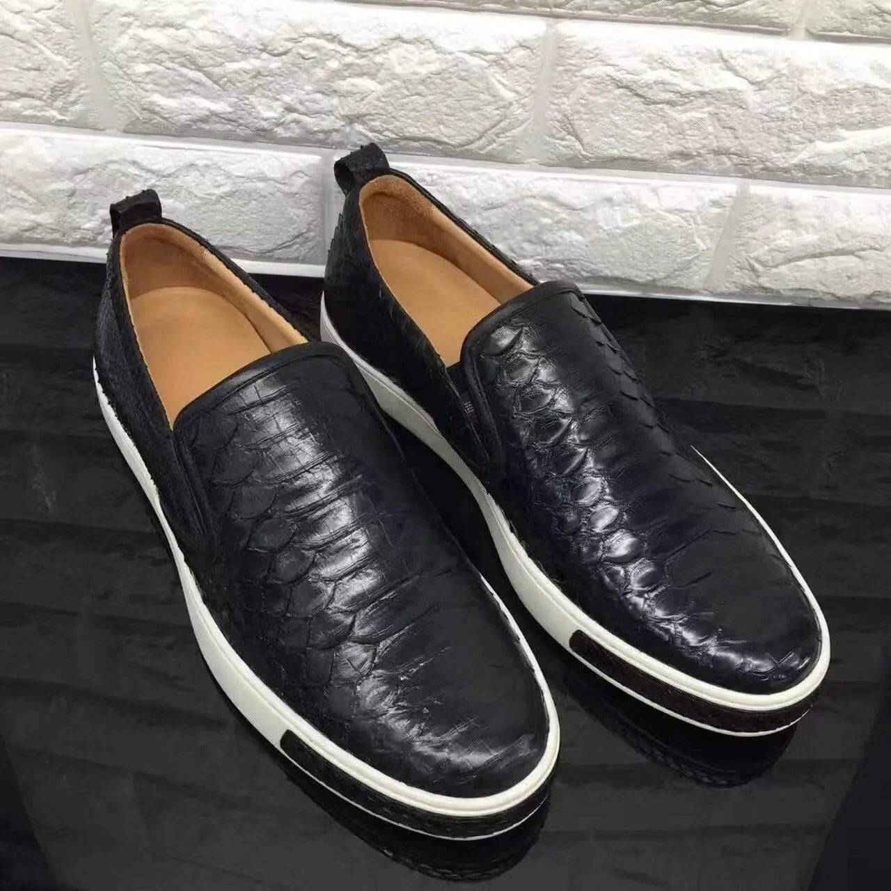 Men's casual slip-on shoes by Rossie Viren featuring python-embossed leather and roller-boat sneaker design.