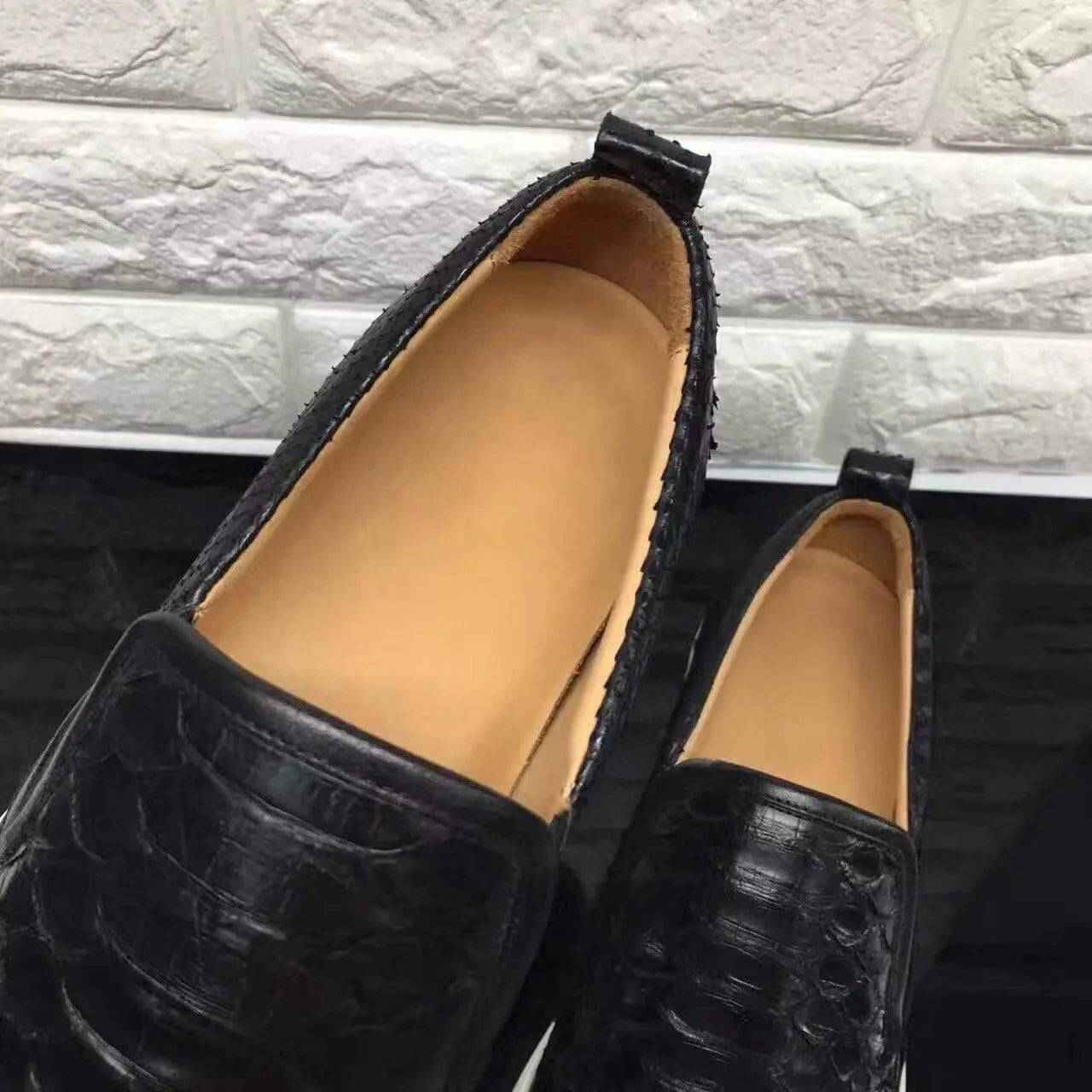 Men's casual slip-on shoes by Rossie Viren featuring python-embossed leather and roller-boat sneaker design.