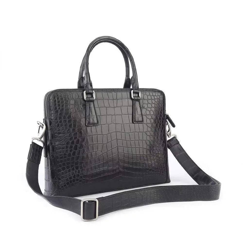 Men's crocodile leather laptop bag briefcase by Rossie Viren, featuring a sleek, structured handbag design with sturdy handles.