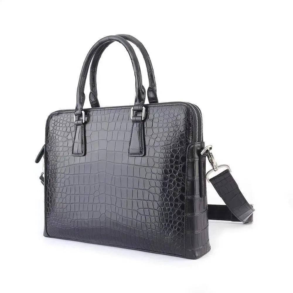 Men's crocodile leather laptop bag briefcase by Rossie Viren, showing the sleek, textured crocodile pattern and sturdy handles.