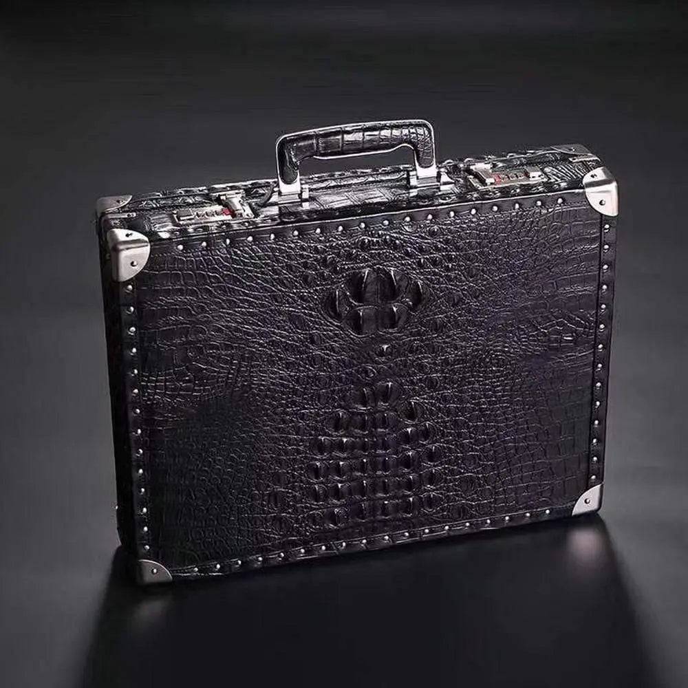 Men's crocodile bone leather large black business attache travel case by Rossie Viren, with sturdy handles and professional design.