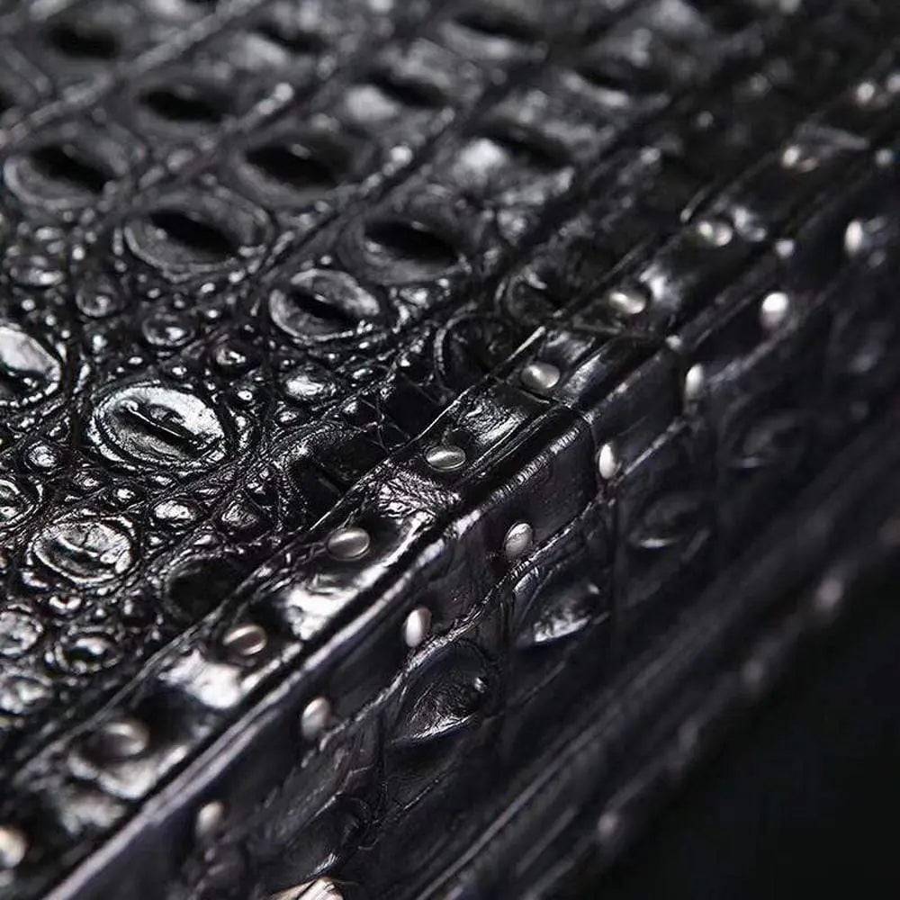 Men's black crocodile bone leather attache travel case by Rossie Viren, large professional handbag with sturdy handle and secure clasp.