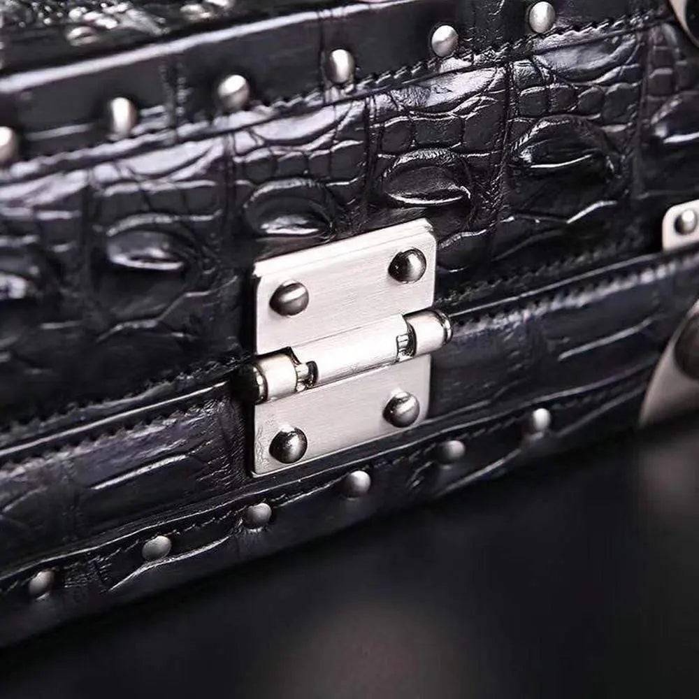 Men's black crocodile bone leather attache case by Rossie Viren, large professional business travel handbag with sturdy handle.