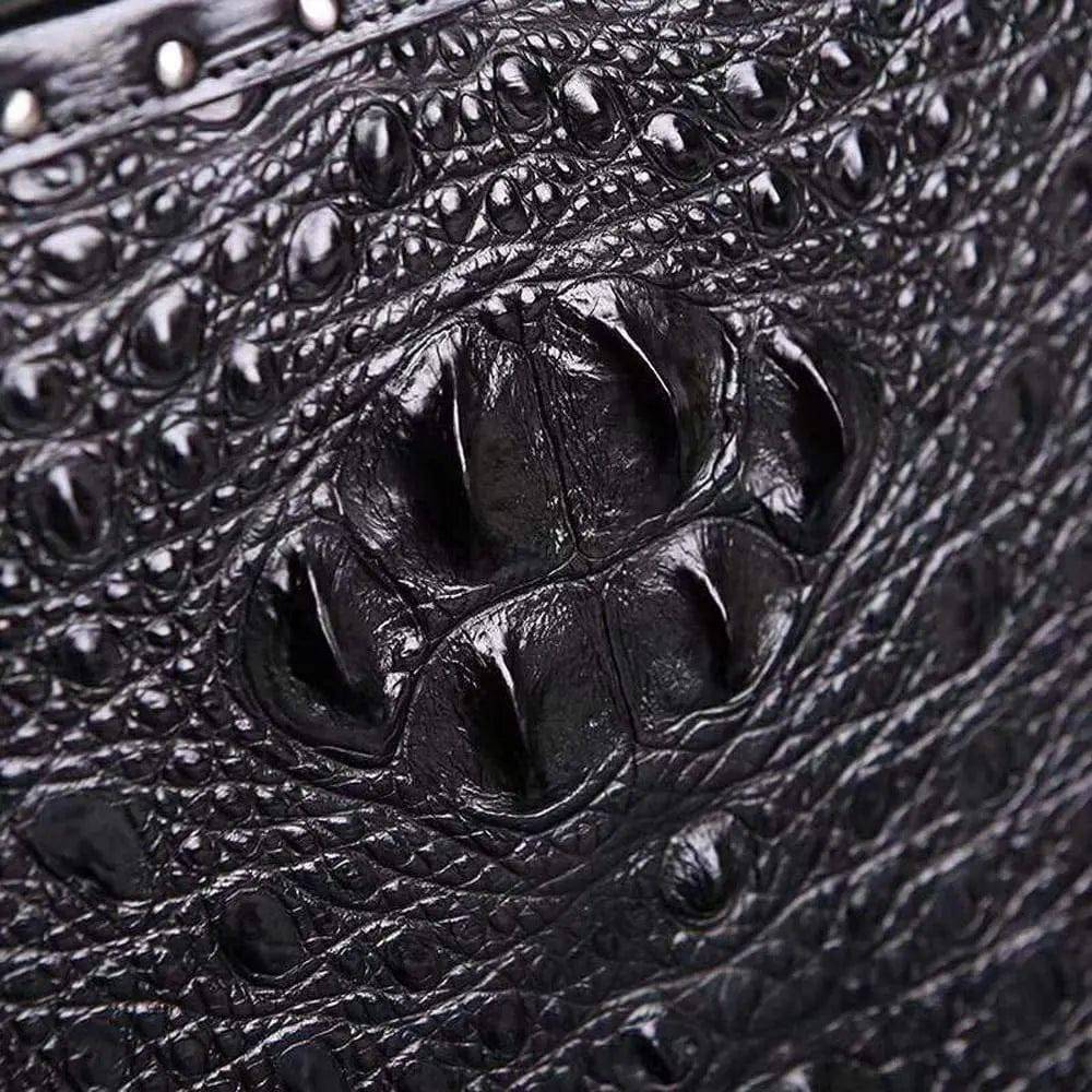 Men's black crocodile bone leather attache case by Rossie Viren, large professional travel business handbag with sturdy handles.