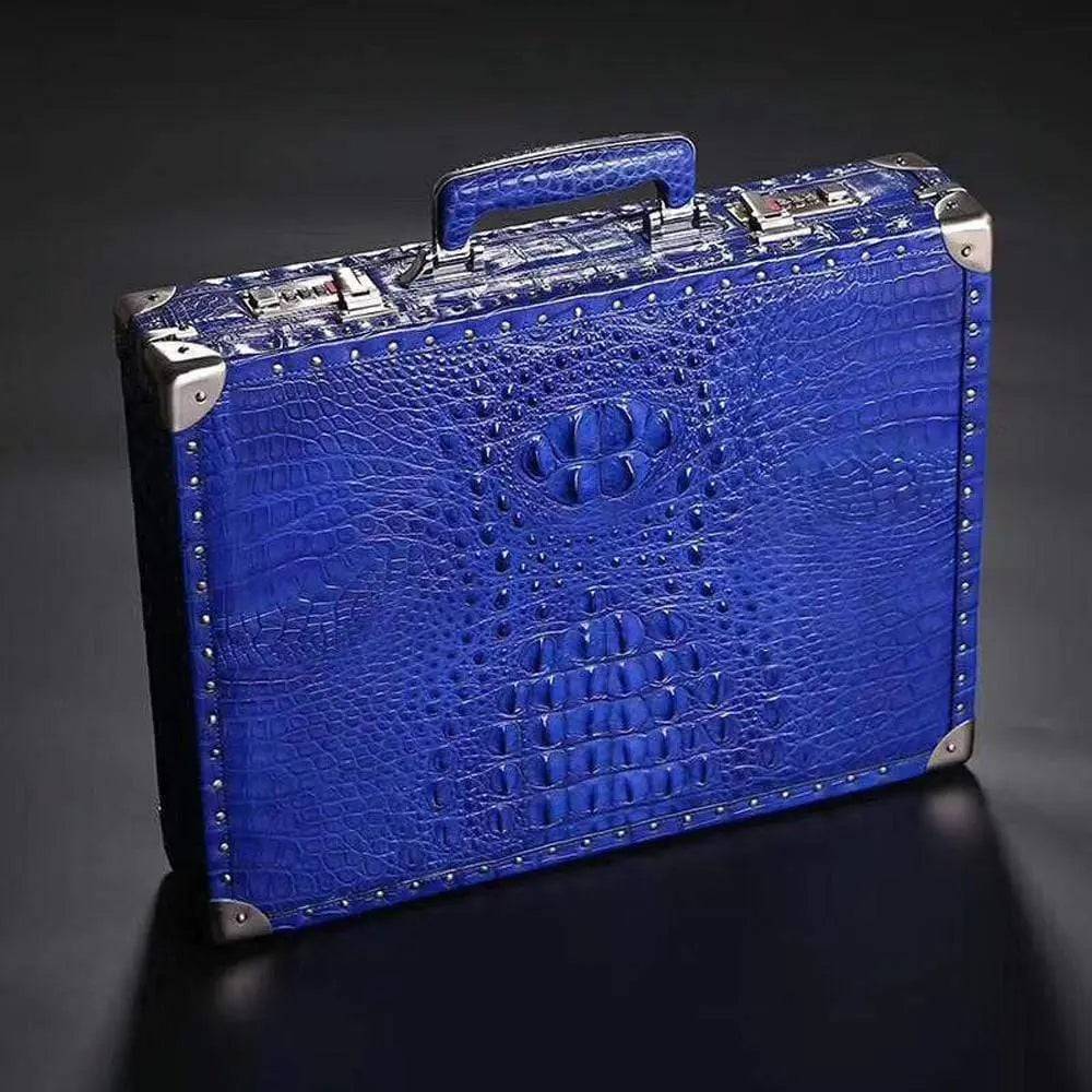 Black crocodile bone leather men's business attache travel case with large professional design by Rossie Viren.