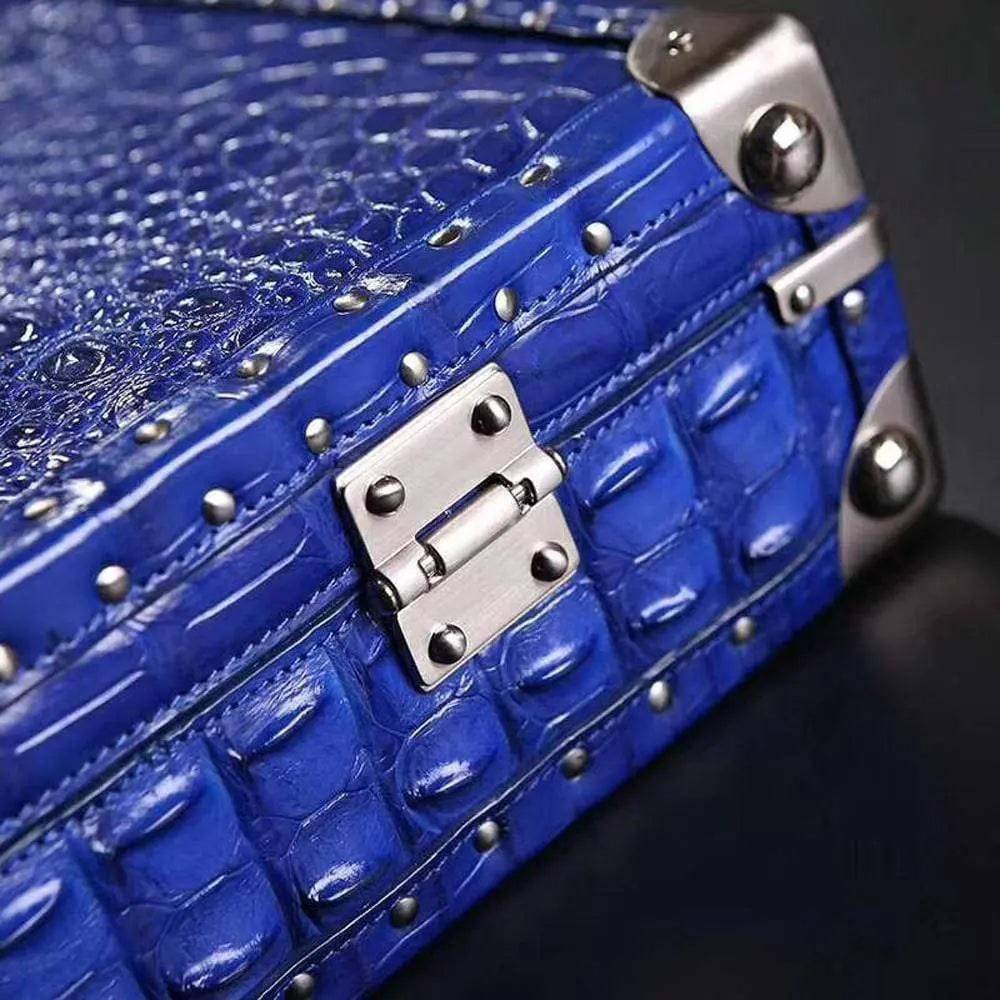 Men's black crocodile bone leather attache case by Rossie Viren, large professional travel bag with sturdy handle and sleek design.