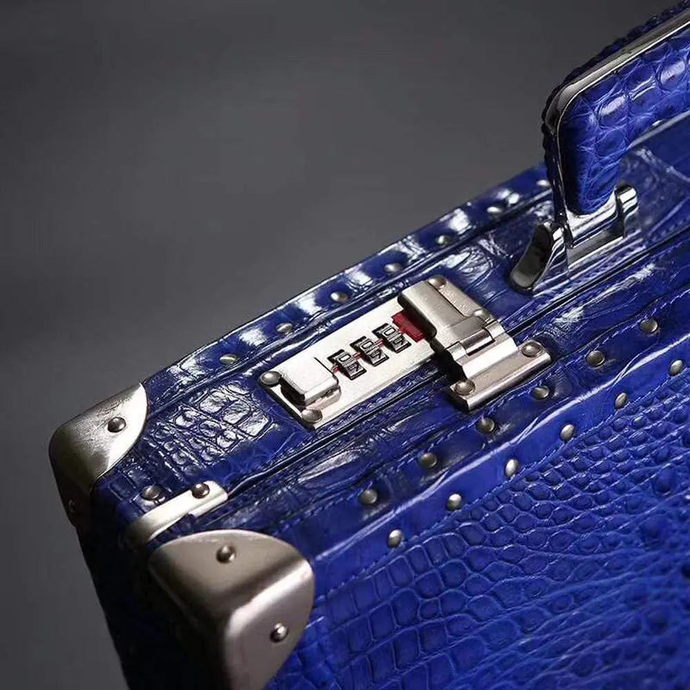 Men's black crocodile bone leather attache case by Rossie Viren, large professional travel and business handbag with sturdy handle.