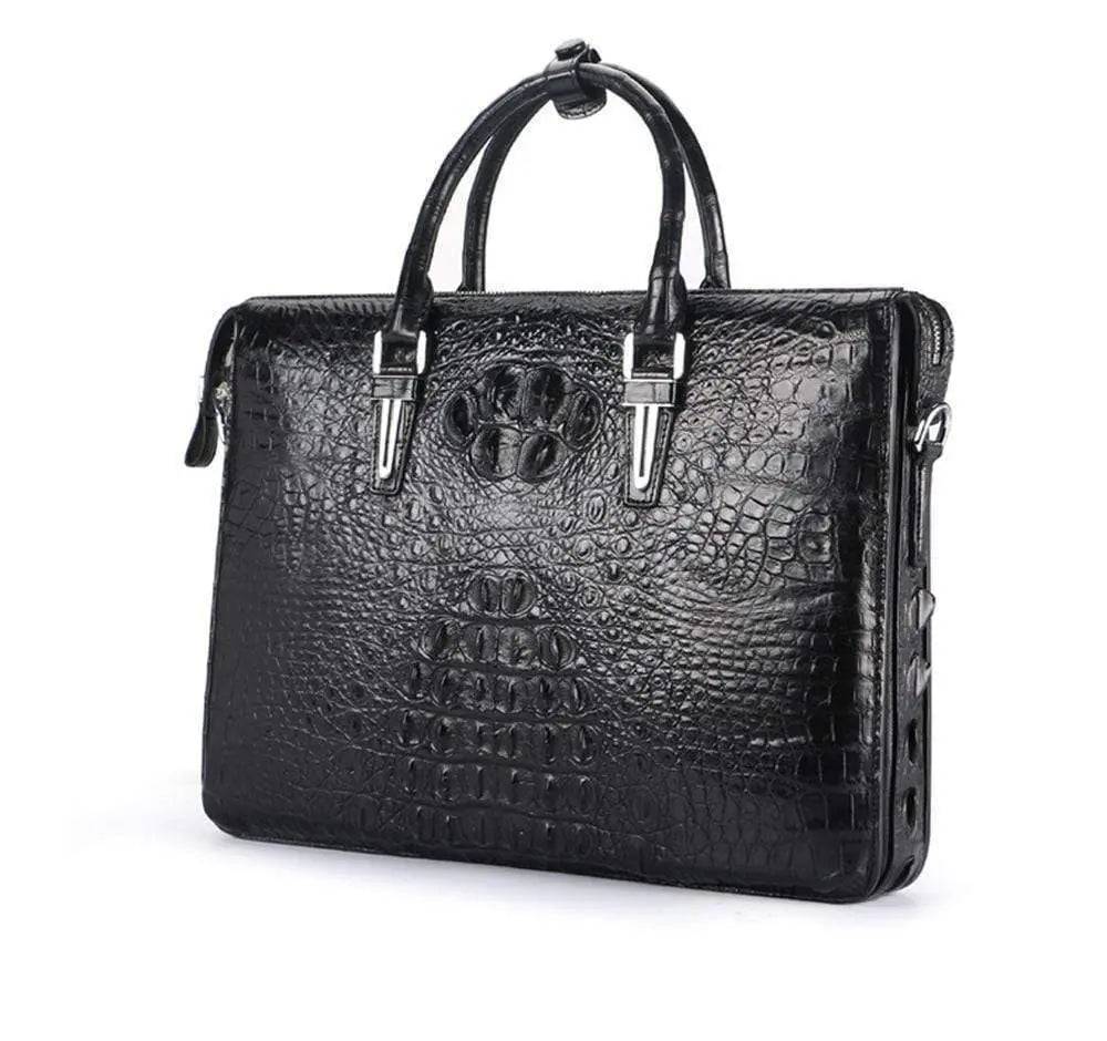 Men's crocodile leather briefcase by Rossie Viren, business bag with handles, compartments for laptop and documents.