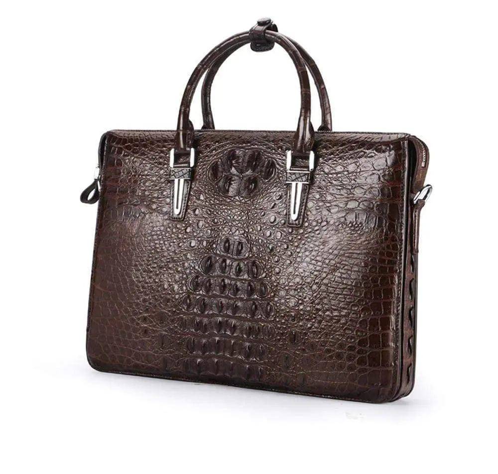 Men's crocodile leather briefcase by Rossie Viren, business bag with compartments for laptop and documents.