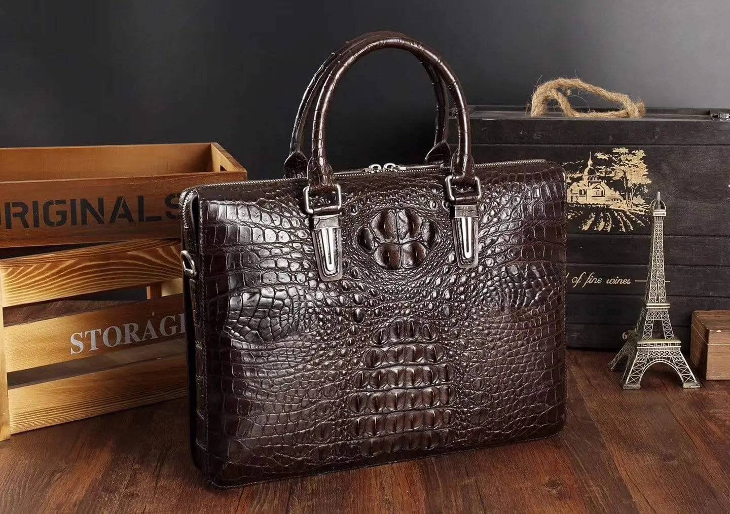 Men's crocodile leather briefcase by Rossie Viren, business bag with handles, suitable for laptops and computers, stylish and professional.