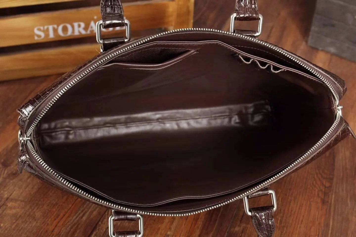Men's crocodile leather briefcase by Rossie Viren, business bag with handles, laptop and computer storage, stylish and professional.