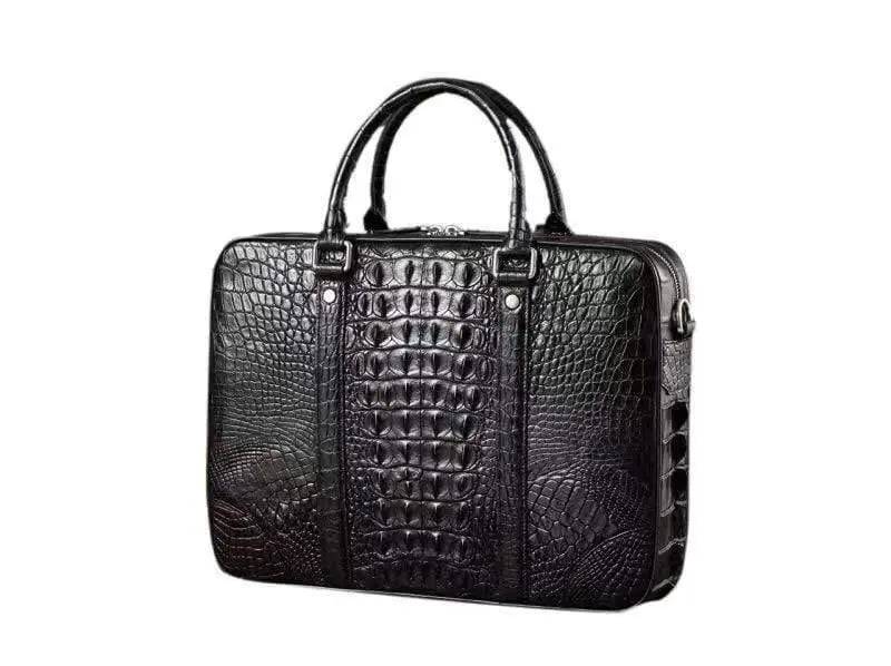 Men's crocodile leather briefcase by Rossie Viren, with handles and a front flap, designed for carrying laptops and documents.
