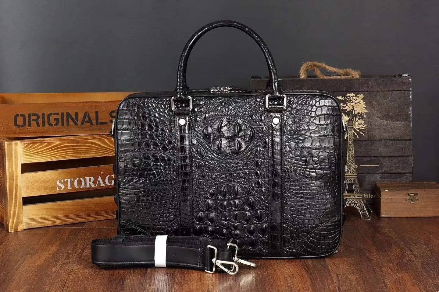 Men's crocodile leather briefcase by Rossie Viren, featuring a sleek messenger style and sturdy laptop compartment.