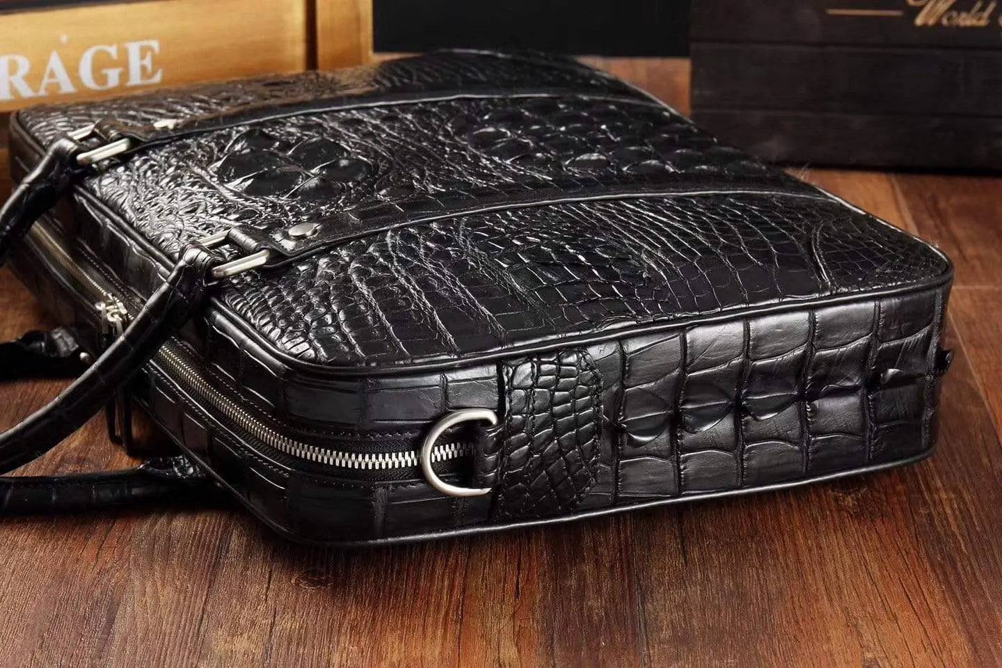 Men's crocodile leather briefcase by Rossie Viren, featuring a professional messenger bag design with laptop compartment.