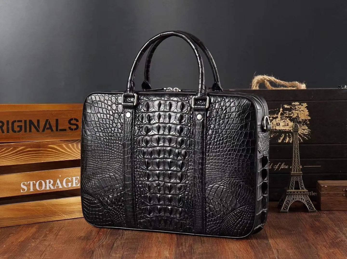 Men's crocodile leather briefcase, messenger bag, and laptop bag by Rossie Viren, featuring a sleek, professional handbag design.
