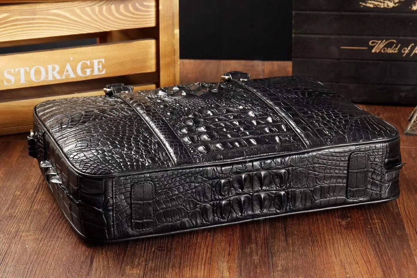 Men's crocodile leather briefcase with messenger and laptop bag features, crafted by Rossie Viren.