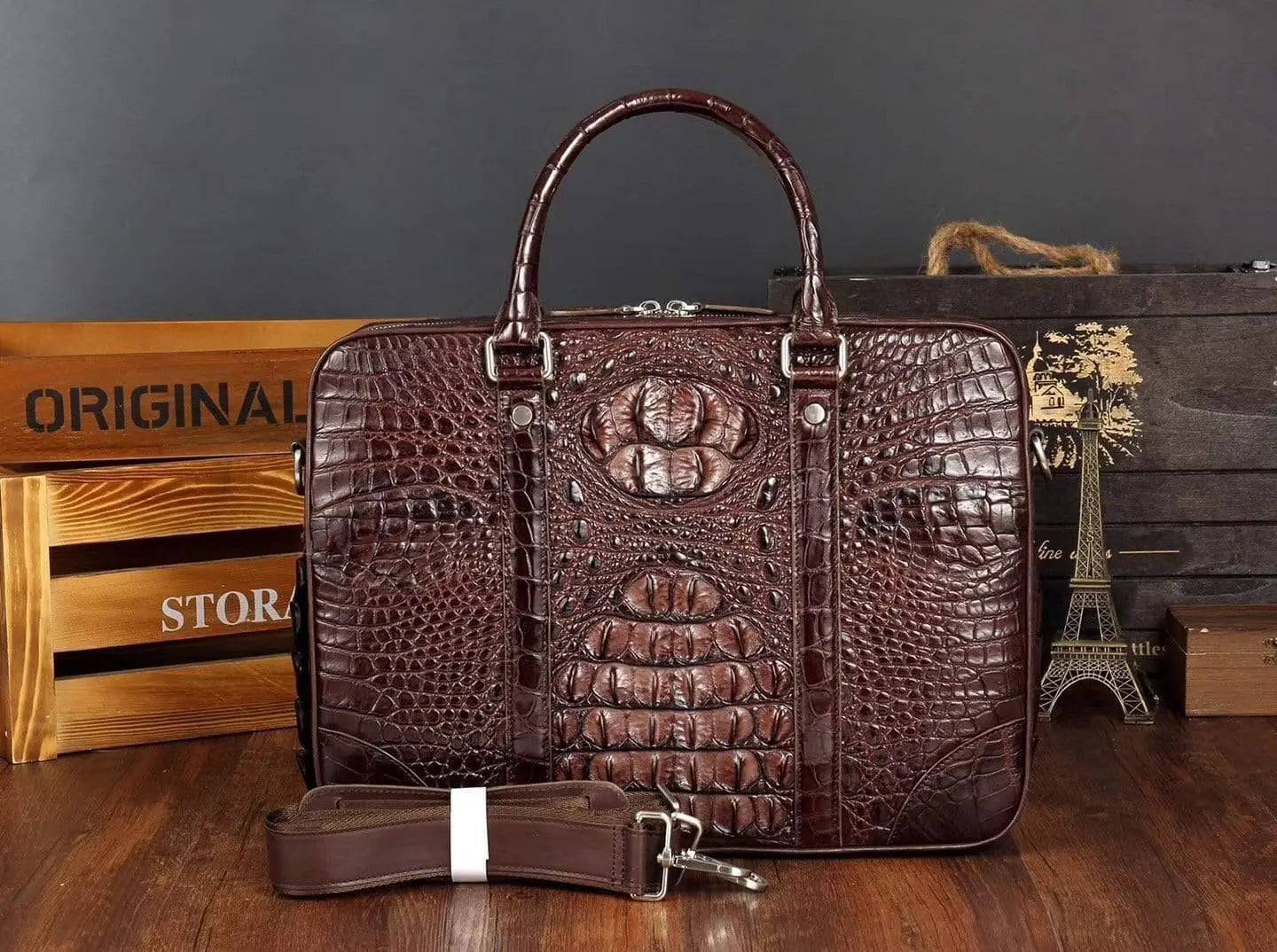 Men's crocodile leather briefcase by Rossie Viren, featuring a professional messenger bag with laptop compartment.